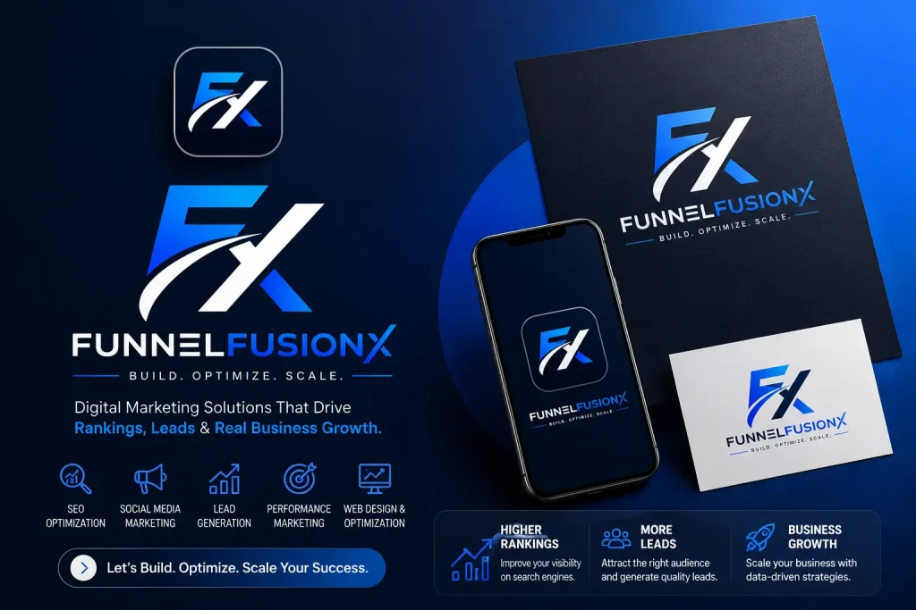 FunnelFusionX digital marketing agency logo with build optimize scale tagline