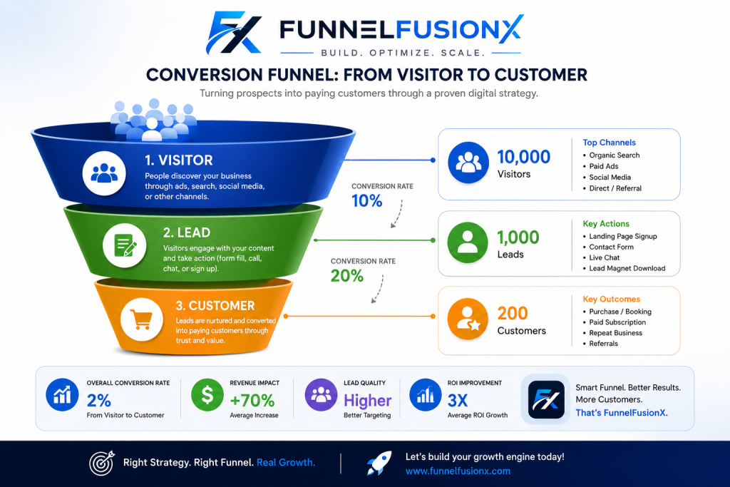 Conversion funnel infographic showing three stages: 10,000 visitors converting to 1,000 leads (10%) and then 200 customers (20%), with channels, actions, outcomes, and performance metrics displayed.

