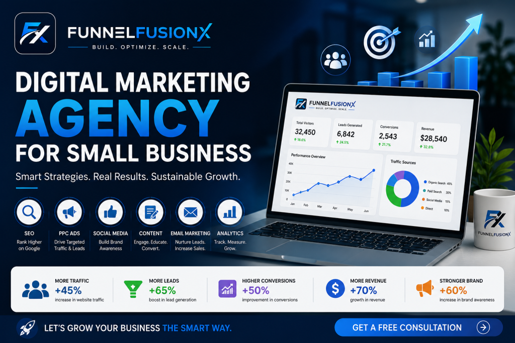 Digital marketing agency for small businesses showing growth analytics and online marketing strategy 