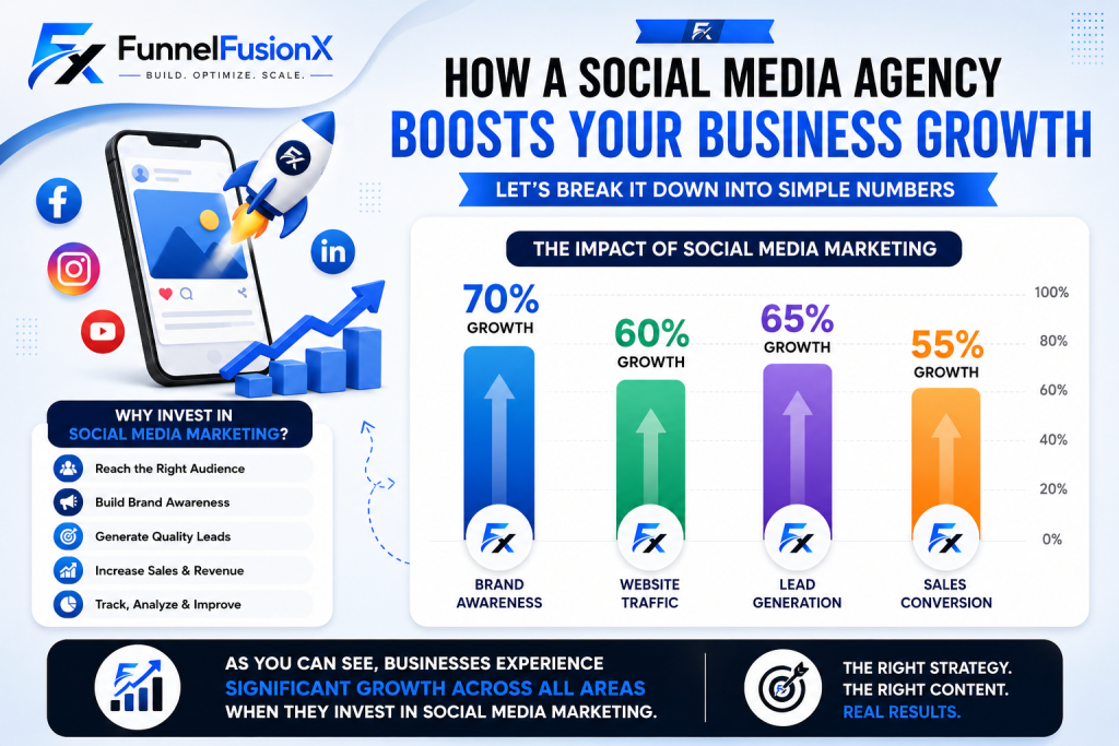 Social media marketing growth infographic with brand awareness, traffic, leads, and sales increase.