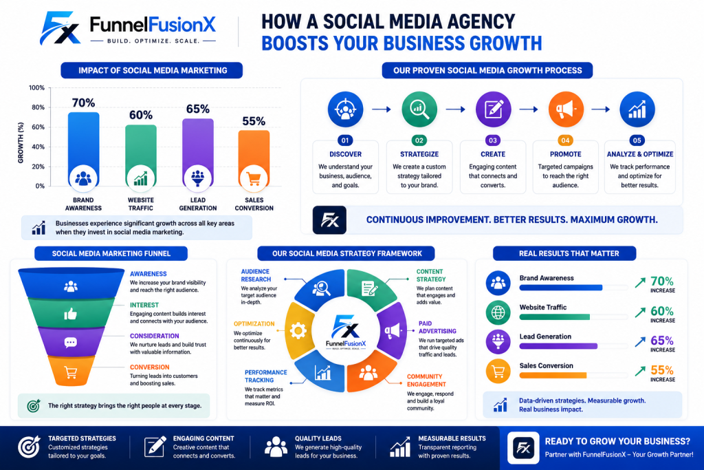 Social media marketing growth infographic with funnel, strategy, and performance metrics.